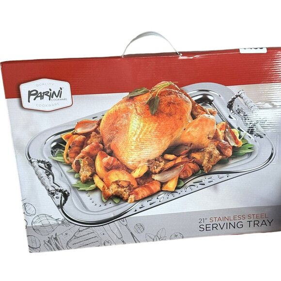 Parini 21" Stainless Steel Serving Tray Decorative Handles Elegant Design - Picture 8 of 8